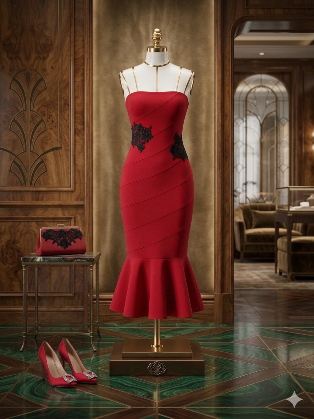 New York & Company Red Strapless Mermaid Midi Dress with Black Lace